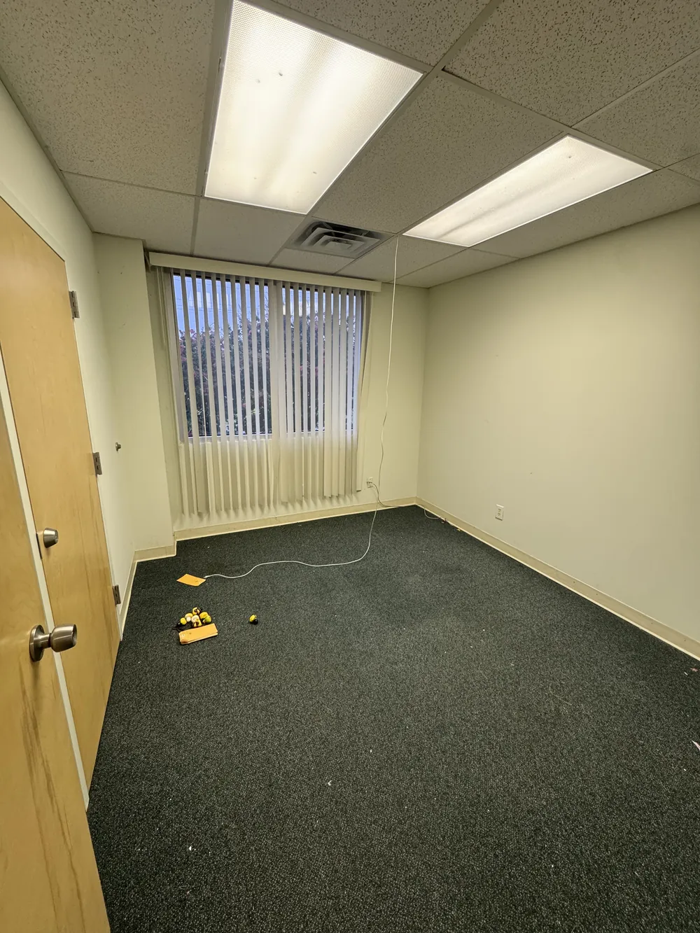 The same office after the cleanout, empty with clear carpet